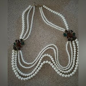 Pearl necklace, 4 strand, with two jeweled accents in shade of green and purple